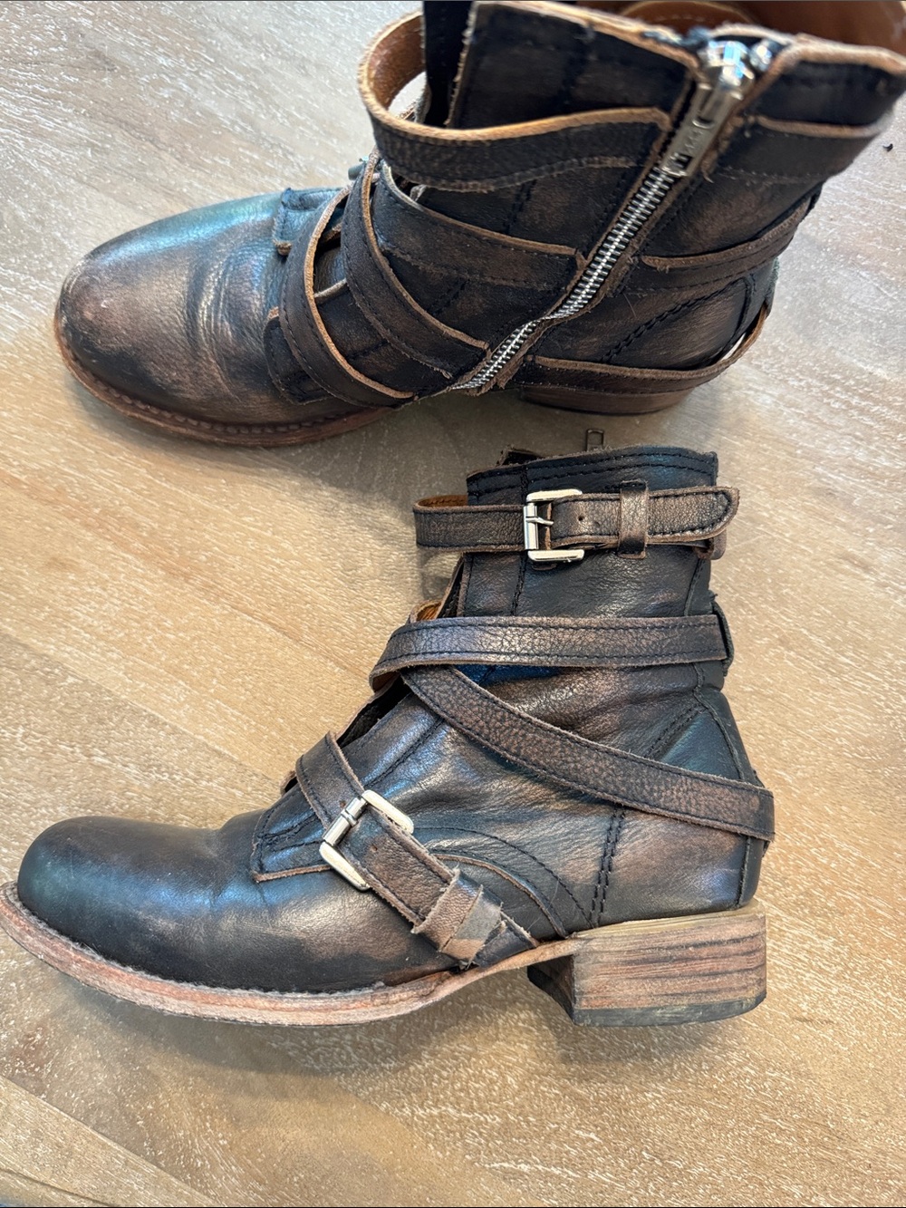 FreeBird Women’s Dark Brown Leather Strap Ankle Boots with Buckles
